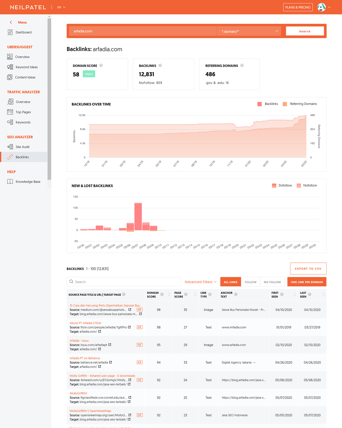 Tampilan Ubersuggest untuk Website Arfadia.com